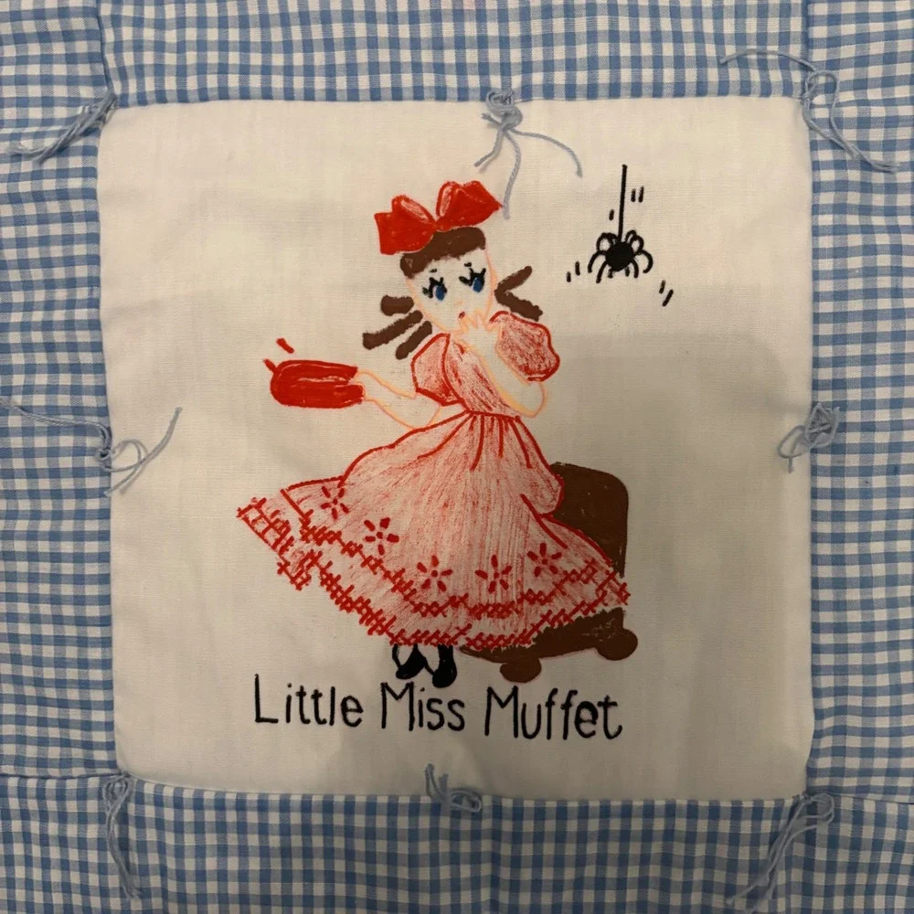 Vintage Nursery Rhyme Crib Quilt Hand Painted Gingham Blue White 12 Panel